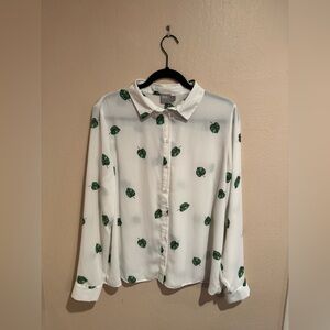 ASOS Tropical White Shirt with Green Monstera Leaf Design. Semi sheer Fairycore